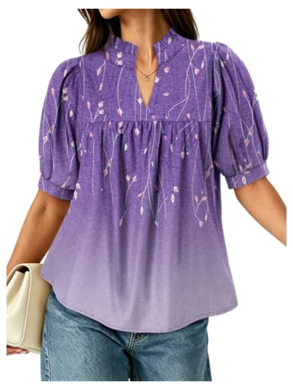 Womens Puff Sleeve V Neck Blouse Babydoll Peplum Pleated Loose Fit Top